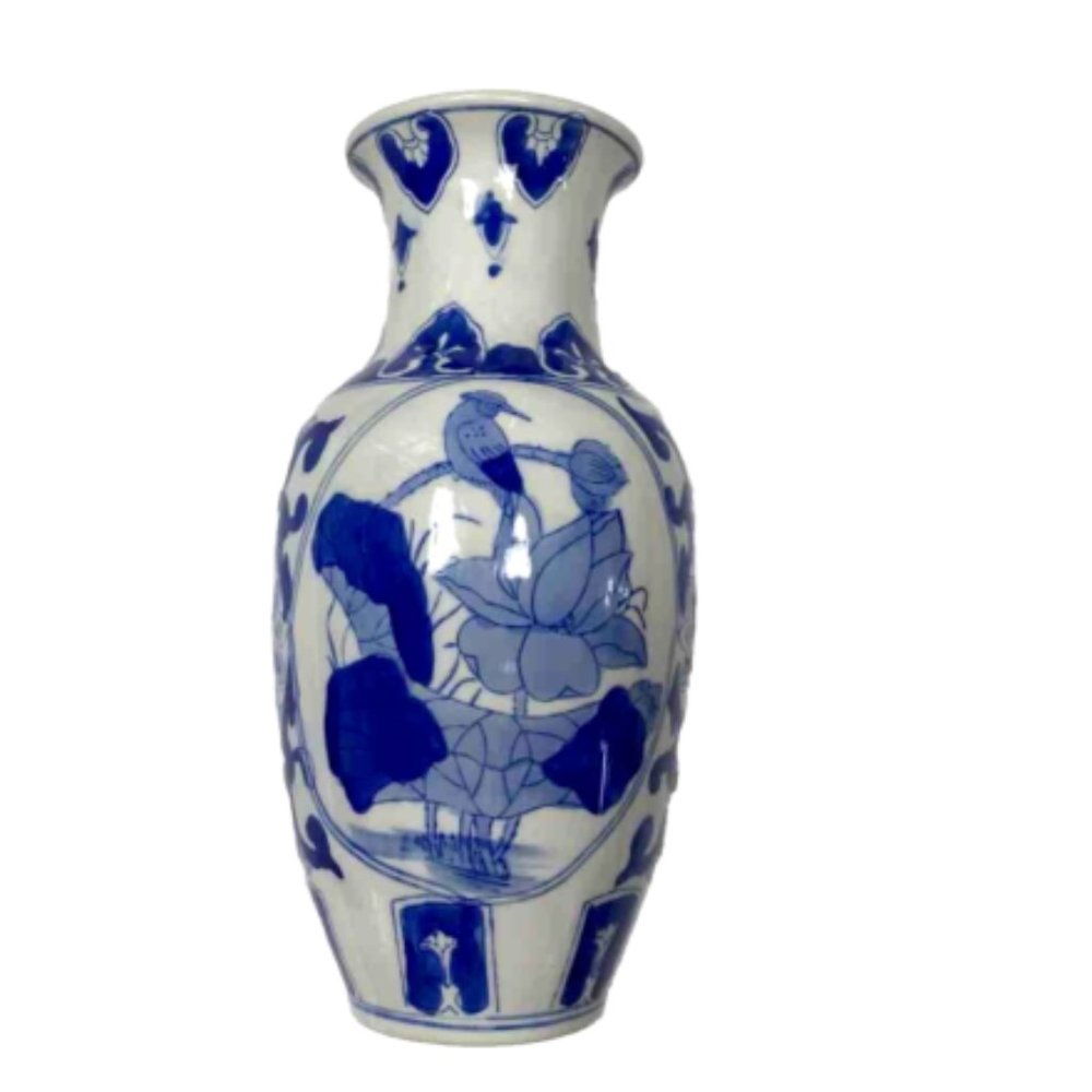 Vintage Chinoiserie Vase Blue White Chinese Jar Vase Bristish Colonial Decor